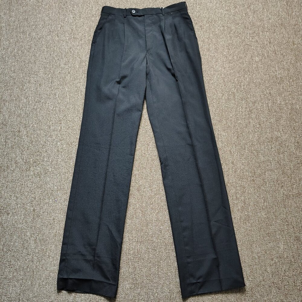 Vintage HUNTING HORN Pants Men 32 Black Wool Blend Pleated Unhemmed Slacks